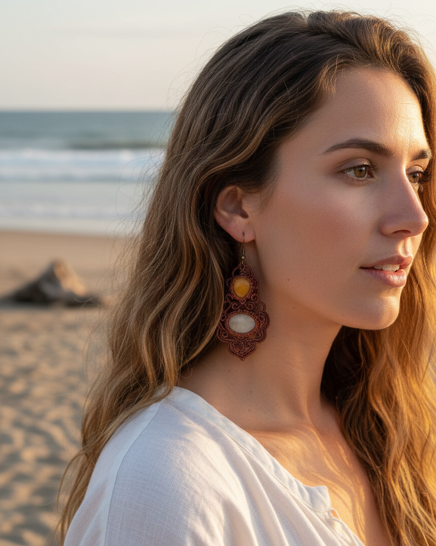 Boucles d’oreilles en micromacramé fait main – Galets de Bretagne blanc & ocre